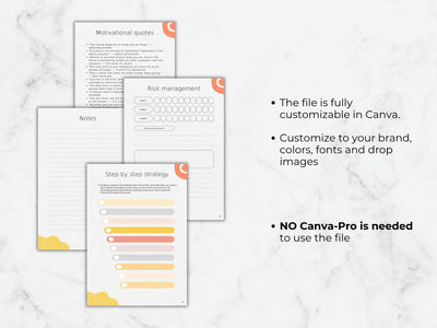 Collection of customizable templates on a marble background with text about Canva usage.