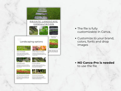 Two template pages showing private landscape consultation details and service packages, with text noting that no Canva Pro account is required
