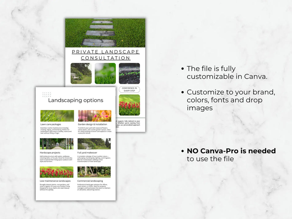 Two template pages showing private landscape consultation details and service packages, with text noting that no Canva Pro account is required
