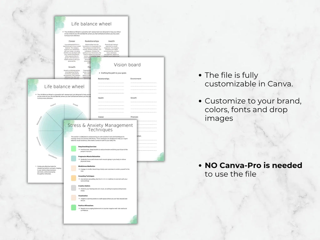 Three printed pages with green and white designs on a marble background