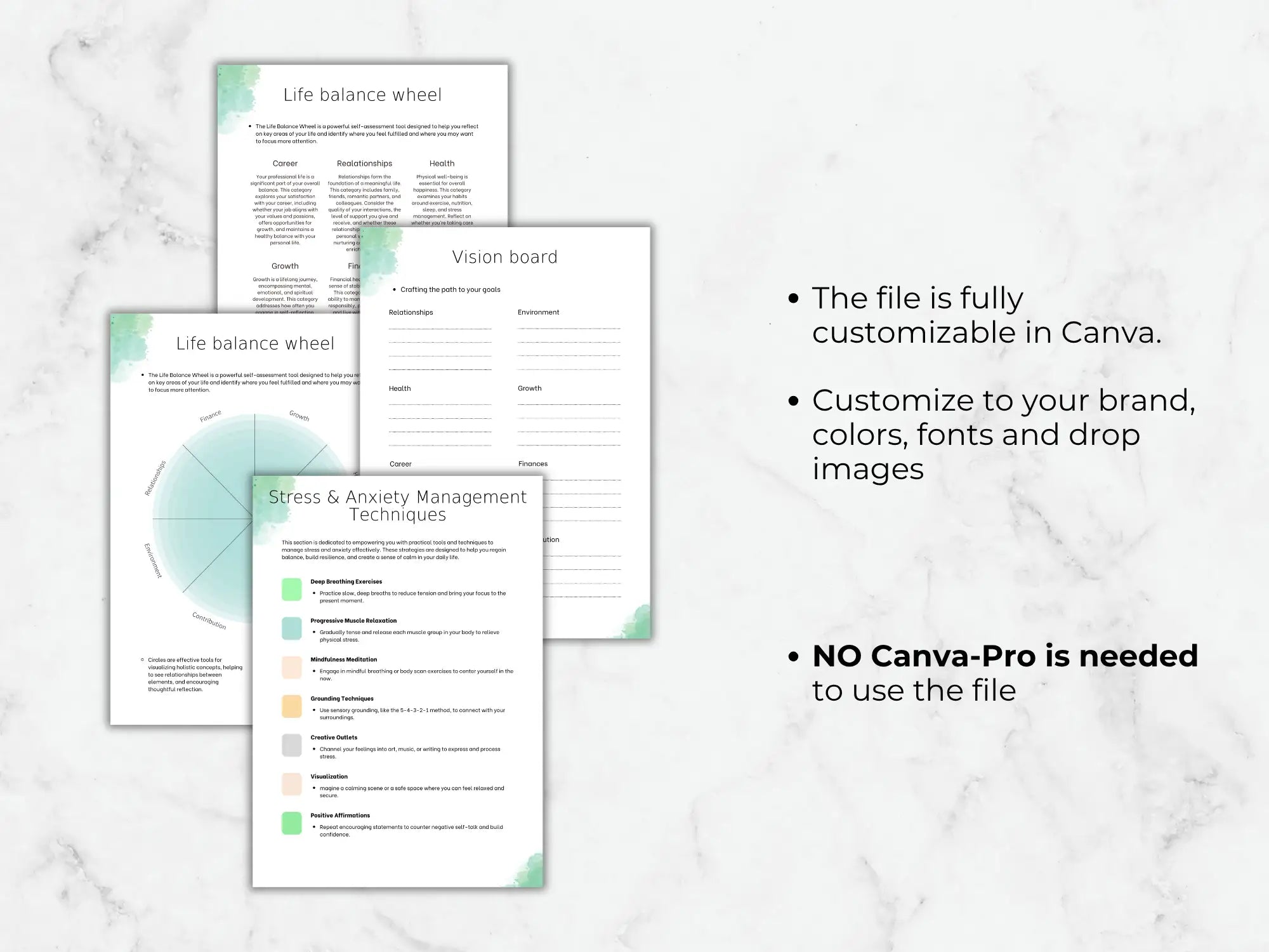Three printed pages with green and white designs on a marble background