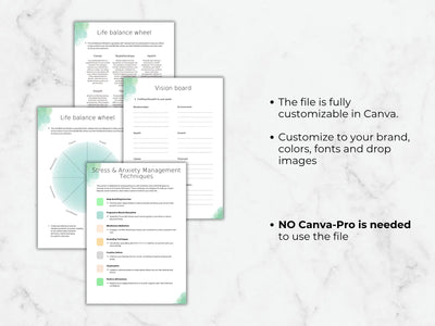 Three printed pages with green and white designs on a marble background