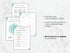 Three printed pages with green and white designs on a marble background
