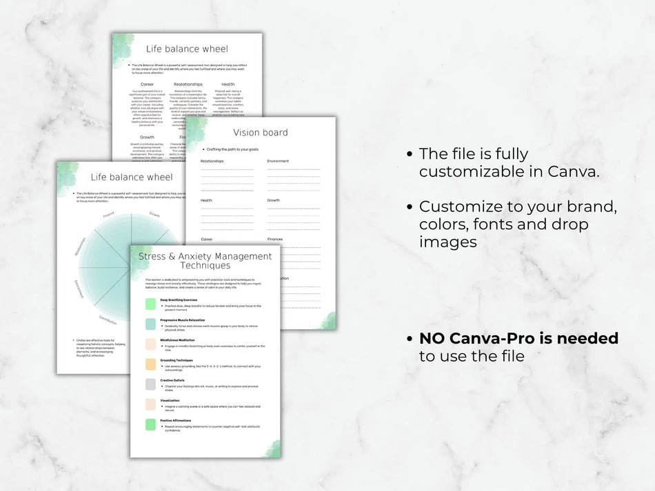 Three printed pages with green and white designs on a marble background