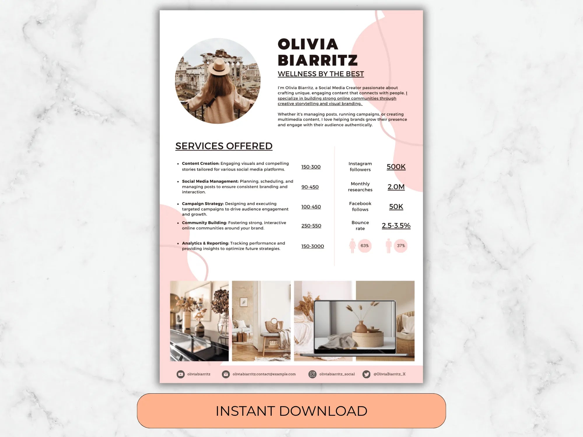 Resume template with a pink and white design on a marble background
