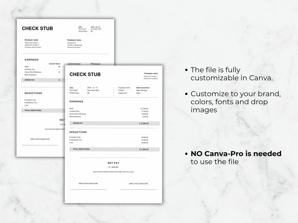 Check stub template with customization text on a marble background