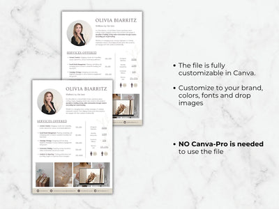 Two resumes on a marble background with text about customization options.
