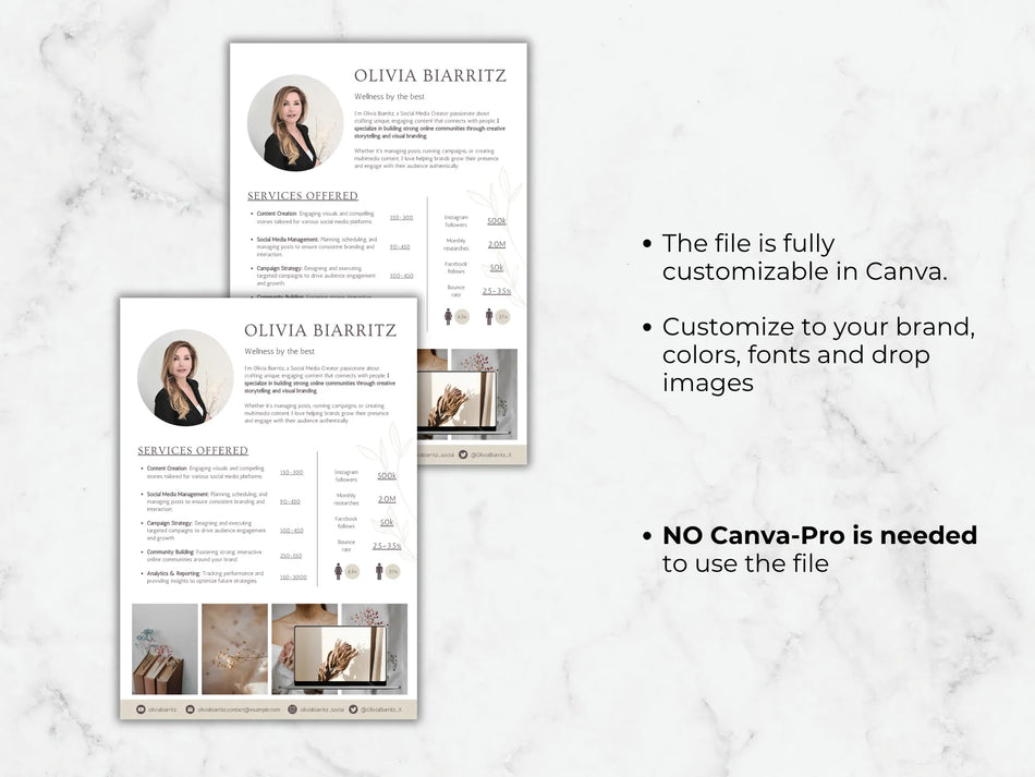 Two resumes on a marble background with text about customization options.