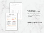 Two sample pages from the marketing plan template titled "Future growth plan" and "Target Market," with text explaining it is customizable in Canva