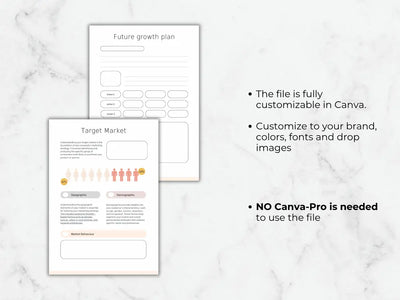 Two sample pages from the marketing plan template titled 