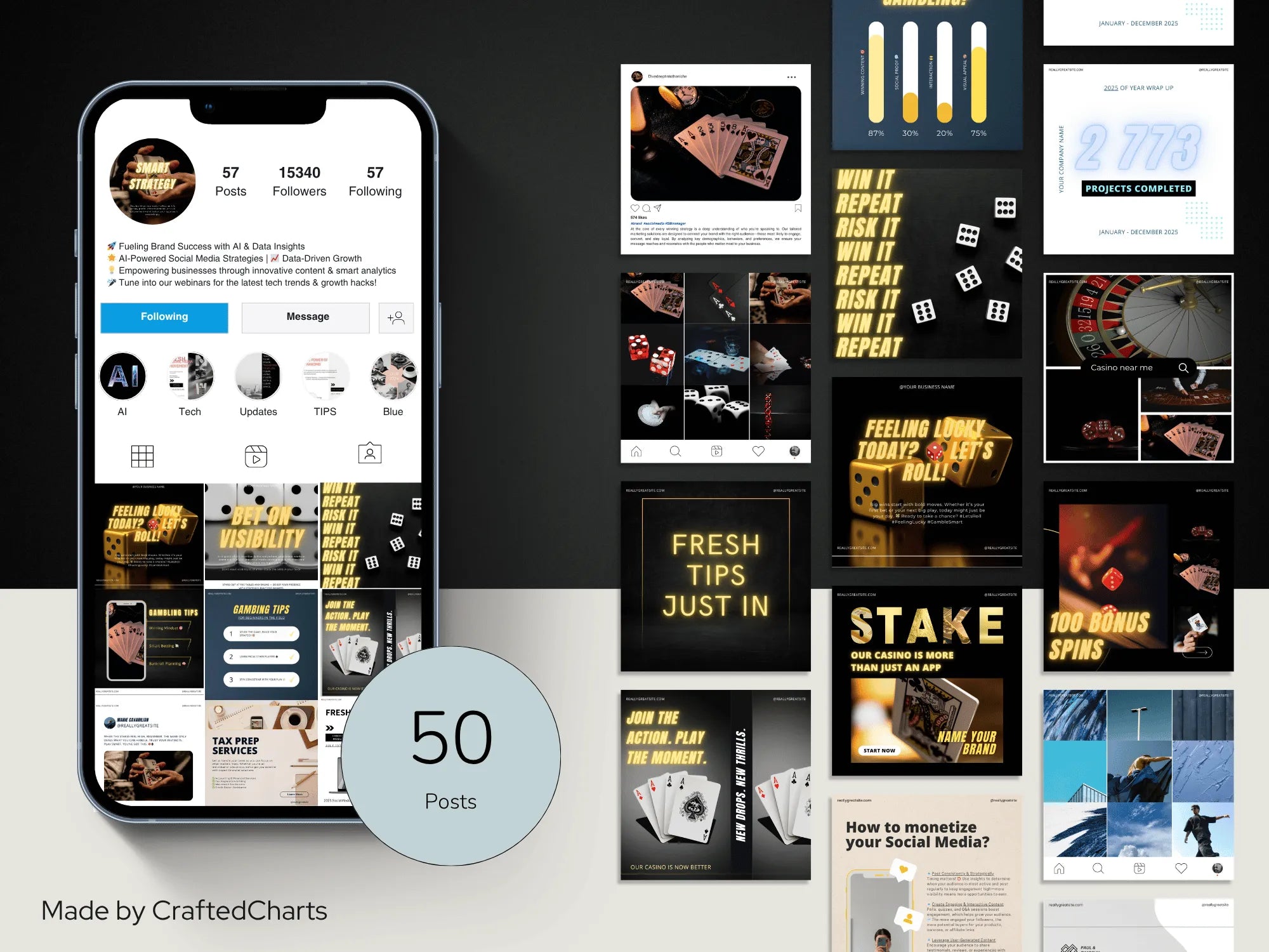 A mobile phone screen displaying a gambling-themed Instagram profile, surrounded by a variety of 50 editable social media post