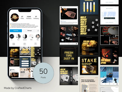 A mobile phone screen displaying a gambling-themed Instagram profile, surrounded by a variety of 50 editable social media post
