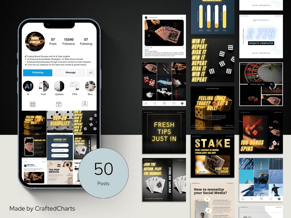 A mobile phone screen displaying a gambling-themed Instagram profile, surrounded by a variety of 50 editable social media post