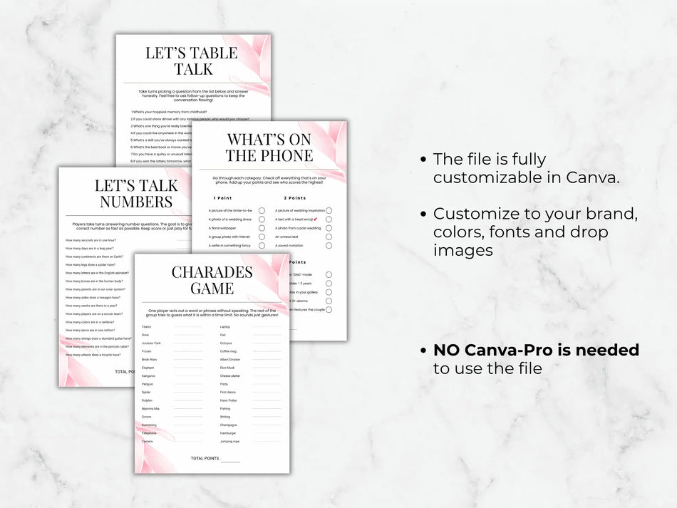 Four printable party game sheets arranged on a white marble background with marketing text on the right. The sheets include titles such as 'LET'S TABLE TALK,' 'WHAT'S ON THE PHONE,' 'LET'S TABLE NUMBERS,' and 'CHARADES GAME,' with soft pink floral accents.