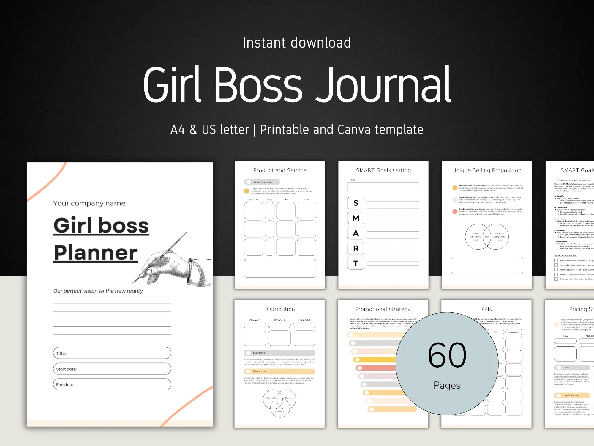 Girl Boss Journal with various pages displayed on a black background
