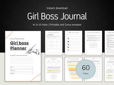 Girl Boss Journal with various pages displayed on a black background