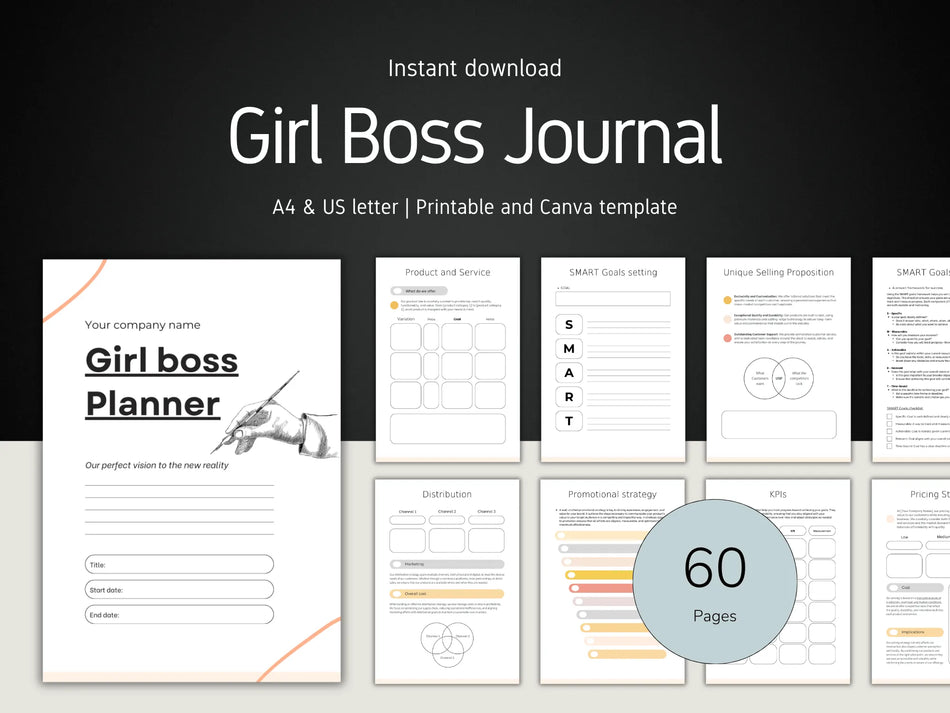 Girl Boss Journal with various pages displayed on a black background