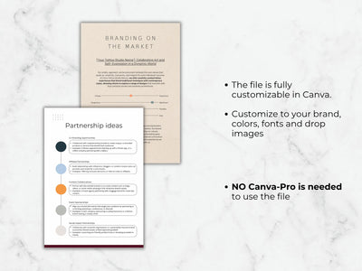 Two document mockups on a marble surface with text about customization options.