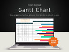 Gantt chart template for Google sheets open on a laptop showing a color-coded project schedule timeline
