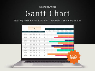 Gantt chart template for Google sheets open on a laptop showing a color-coded project schedule timeline