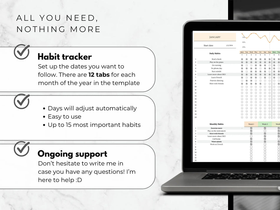 Laptop displaying a habit tracker app with text about features on a white background