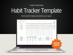 Laptop displaying a habit tracker template with a 'Shop Now!' button on a dark background
