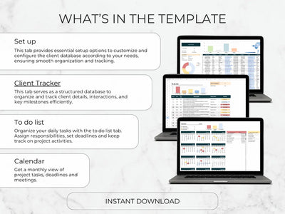 Screen displaying features of a software template with text and images of laptops.