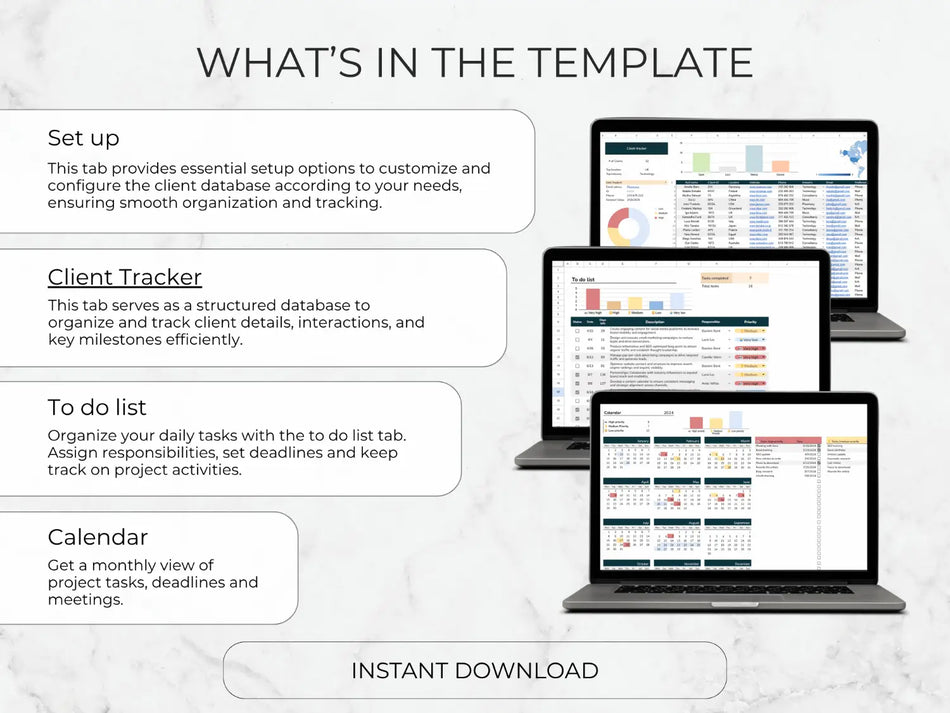 Screen displaying features of a software template with text and images of laptops.