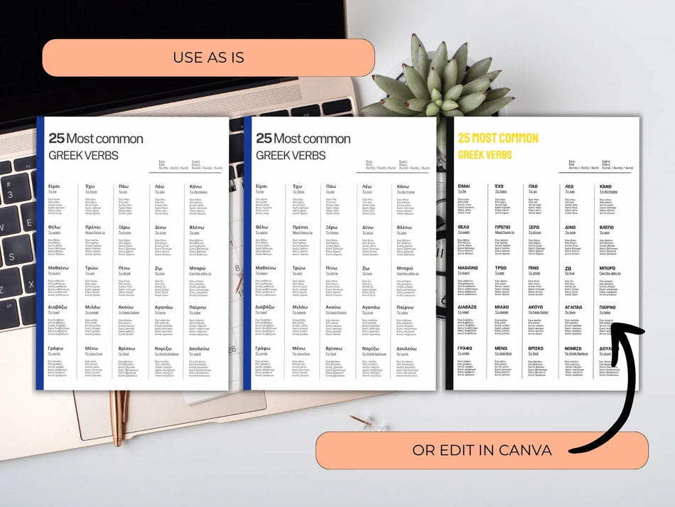 Three pages of a document with text on a desk with a laptop and plant.