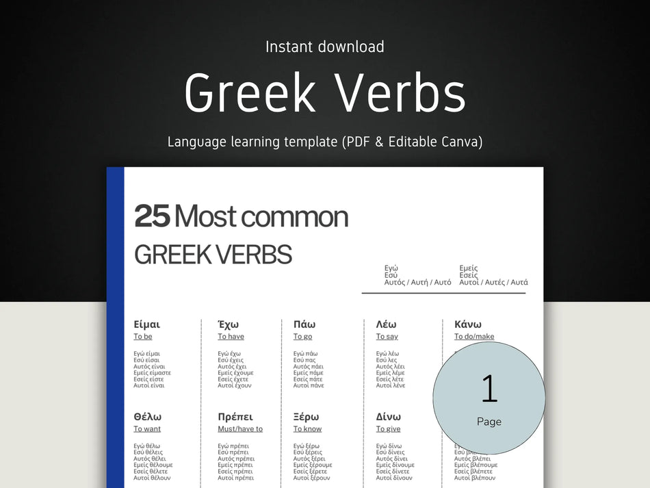 Sheet of paper with Greek verbs on a dark background