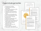 Pages from a sales training manual on a marble background