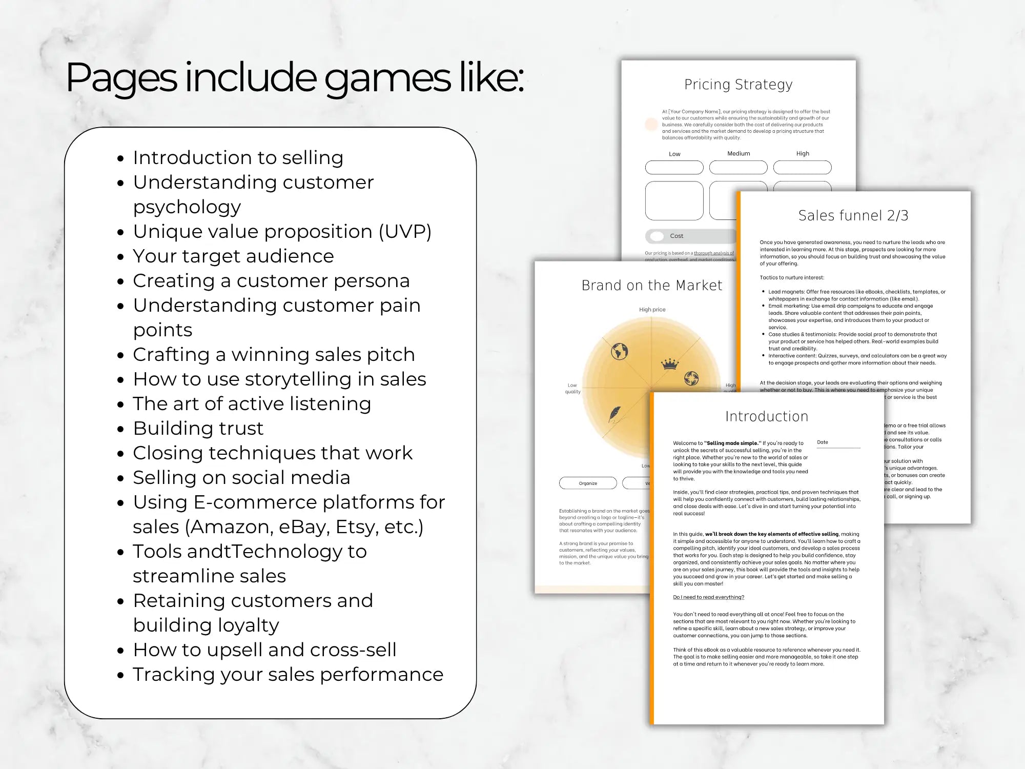 Pages from a sales training manual on a marble background