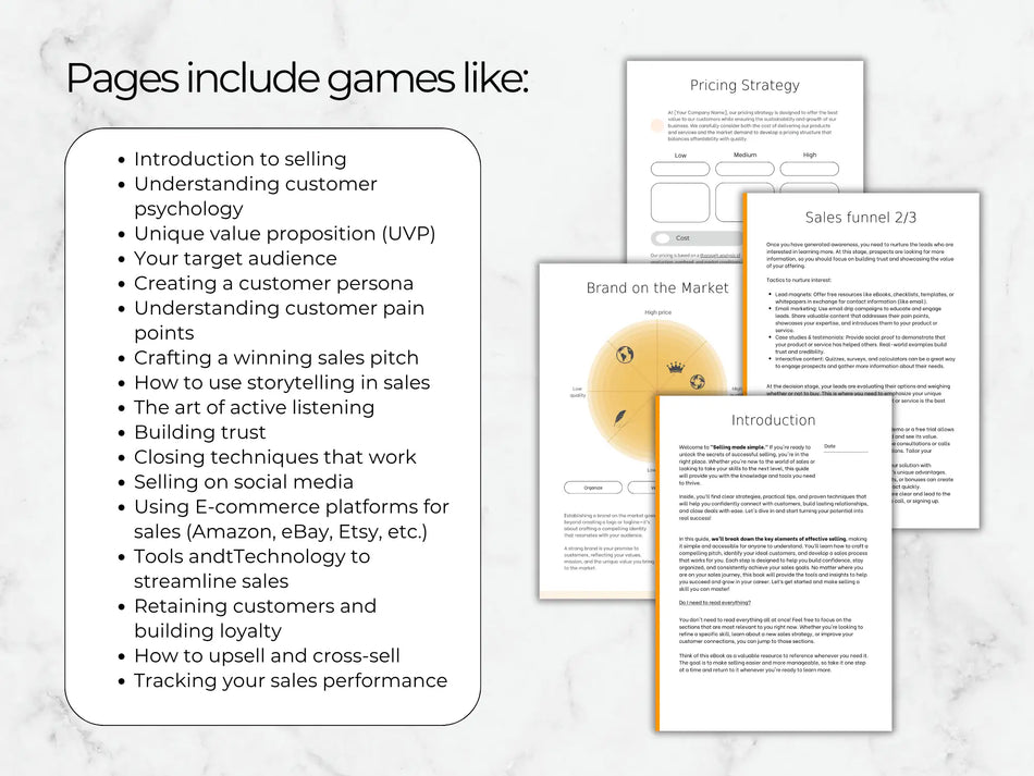 Pages from a sales training manual on a marble background