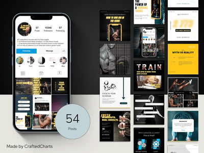 Collection of social media posts and app interface on a smartphone with 'CraftedCharts' branding.