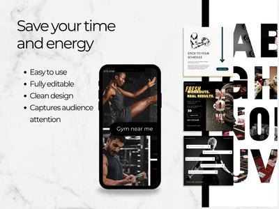 Promotional graphic for a gym locator app with text and smartphone screen displaying app interface.