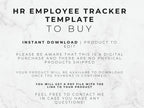 Text on a marble background describing an HR Employee Tracker Template for purchase.