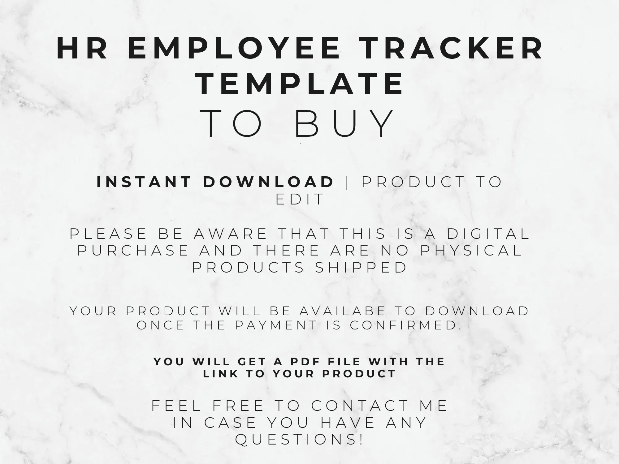 Text on a marble background describing an HR Employee Tracker Template for purchase.