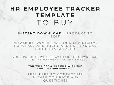 Text on a marble background describing an HR Employee Tracker Template for purchase.