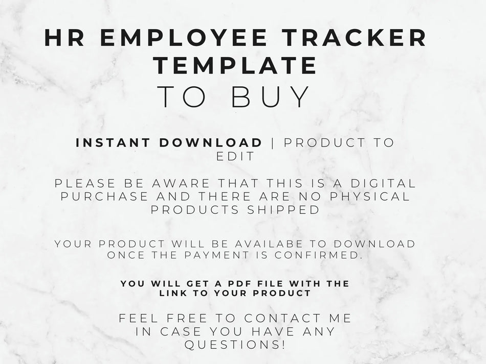 Text on a marble background describing an HR Employee Tracker Template for purchase.
