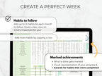 Screen displaying a digital habit tracker with text on creating a perfect week.