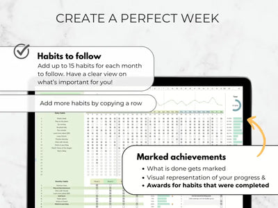Screen displaying a digital habit tracker with text on creating a perfect week.