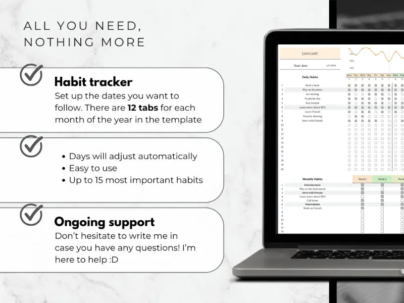 Laptop displaying a habit tracker app with text about features on a white background
