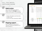 Laptop displaying a habit tracker app with text about features on a white background