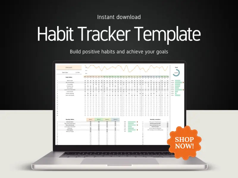Laptop displaying a habit tracker template with a 'Shop Now!' button on a dark background