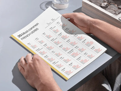 Person holding a book with a French vocabulary chart on a table.