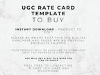 Text on a marble background describing a UGC rate card template for instant download.