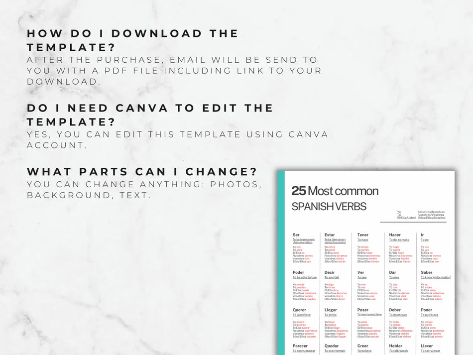 Sheet of Spanish verbs with Canva editing information on a marble background
