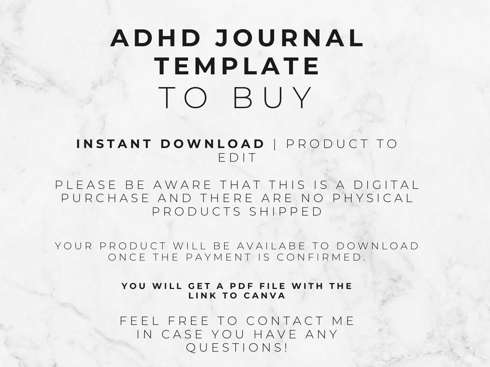 Text on a marble background about an ADHD journal template for digital purchase.