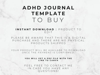 Text on a marble background about an ADHD journal template for digital purchase.
