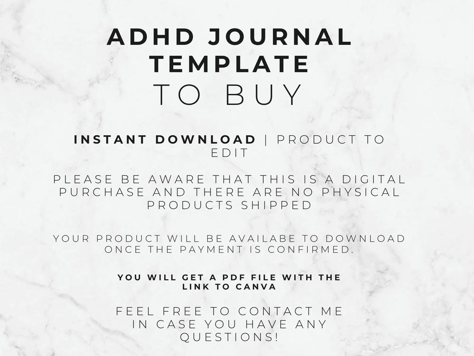 Text on a marble background about an ADHD journal template for digital purchase.